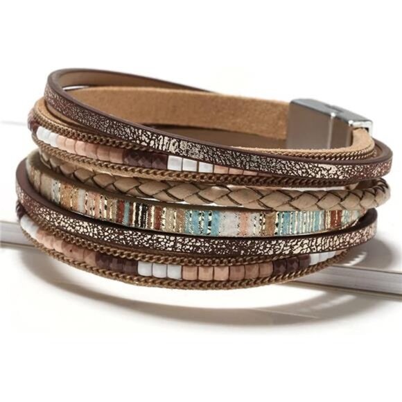 Leather Wrap Bracelets for Women, Boho Leopard Multi-Layer Crystal Beads Cuff - Picture 2 of 6